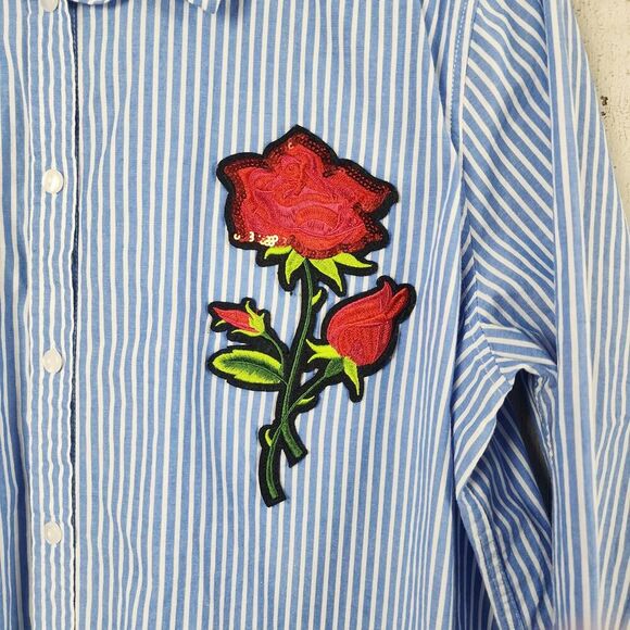 Jeans by Buffalo Striped Floral Button-Down Shirt Blue Red Size Large - Picture 5 of 9